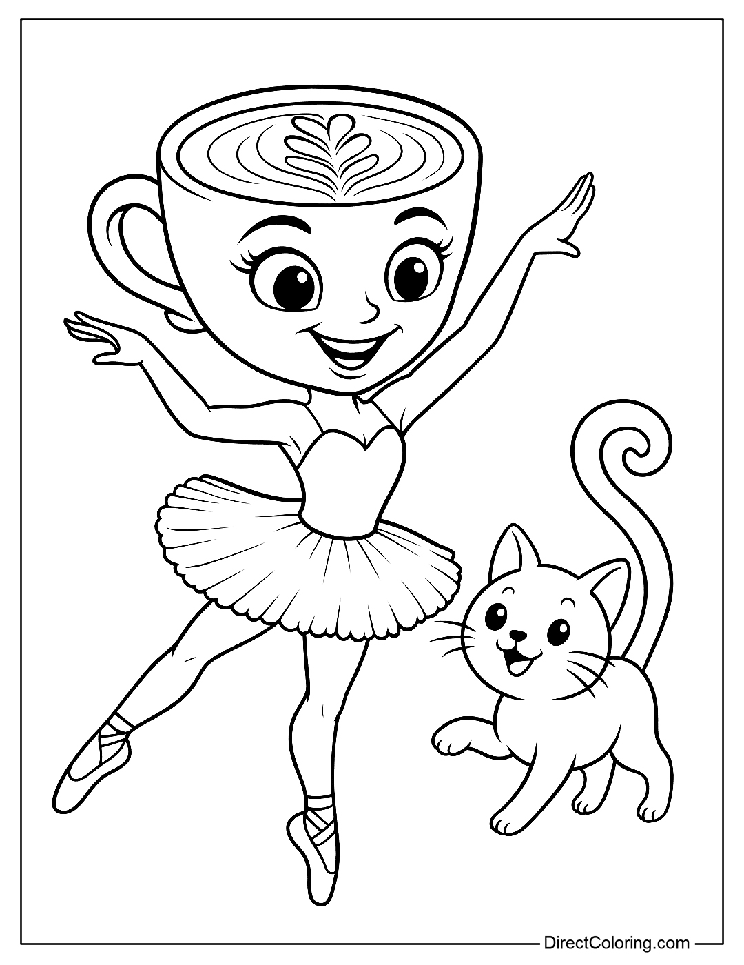 a coloring page of Cappuccina dancing with a cat with a tail curled like milk foam.